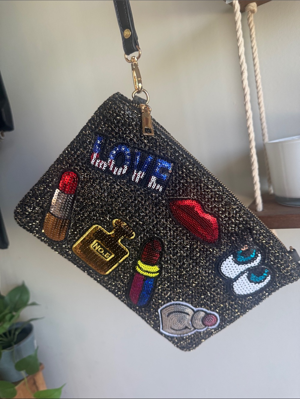 Sequin Embellished Black Clutch with Lipstick & Perfume Patches